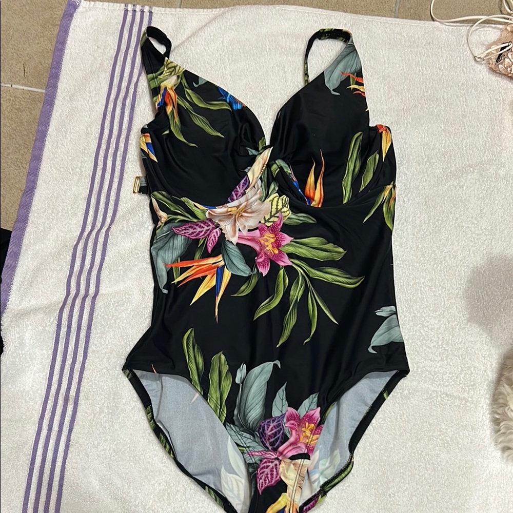 Kona Sol Women's Floral One Piece Swimsuit - Black and Multicolor